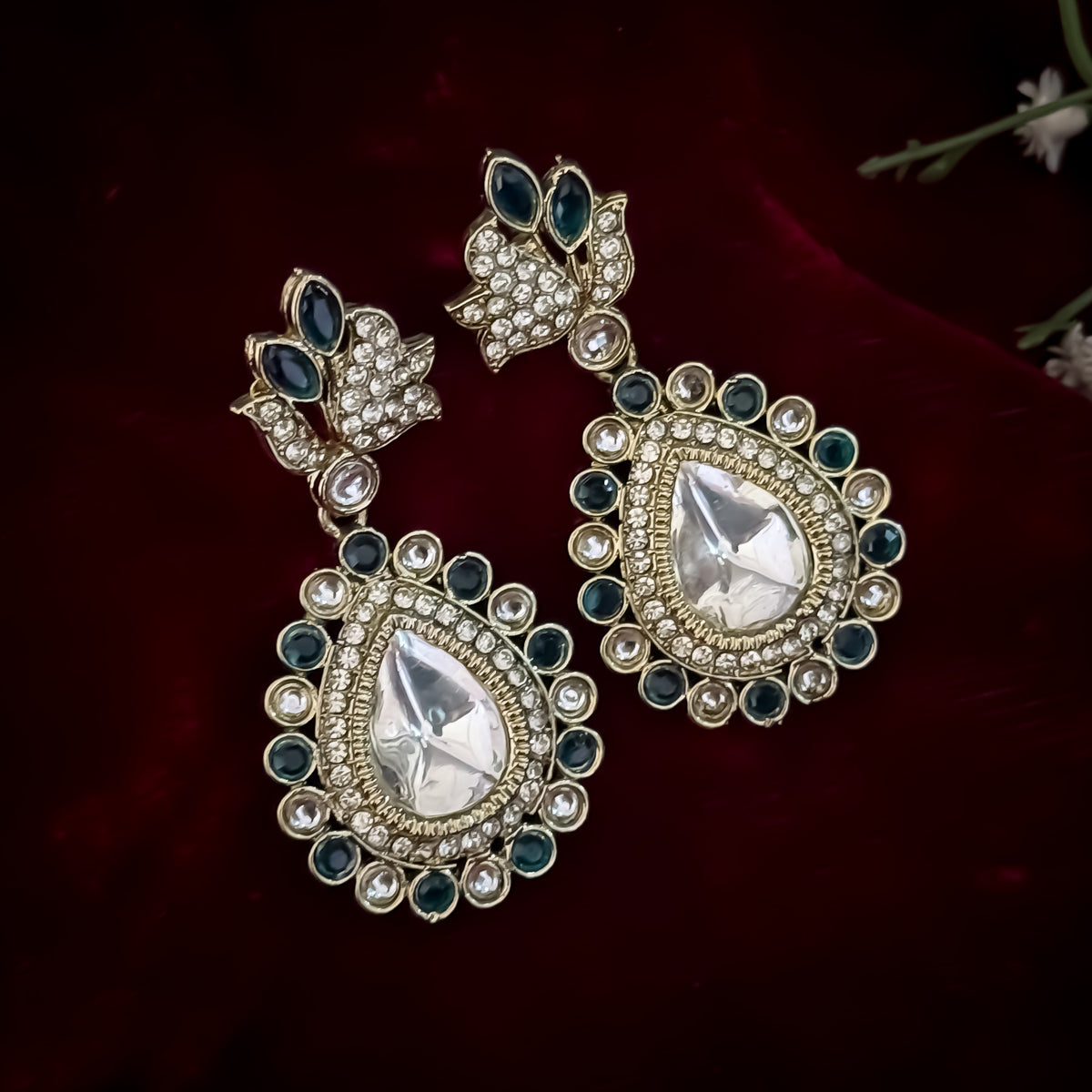 Mansi Kundan Drop Earrings - Peacock Blue