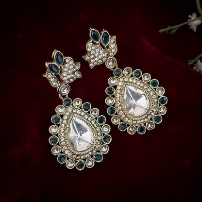 Mansi Kundan Drop Earrings - Peacock Blue
