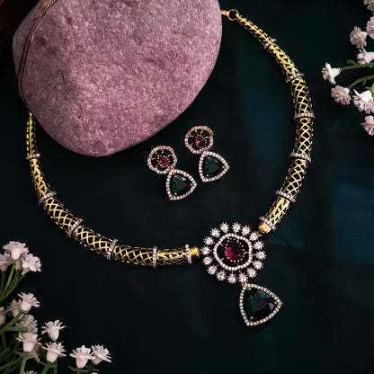 Srijya Victorian Work Pink & Green AD Hasli Necklace Set