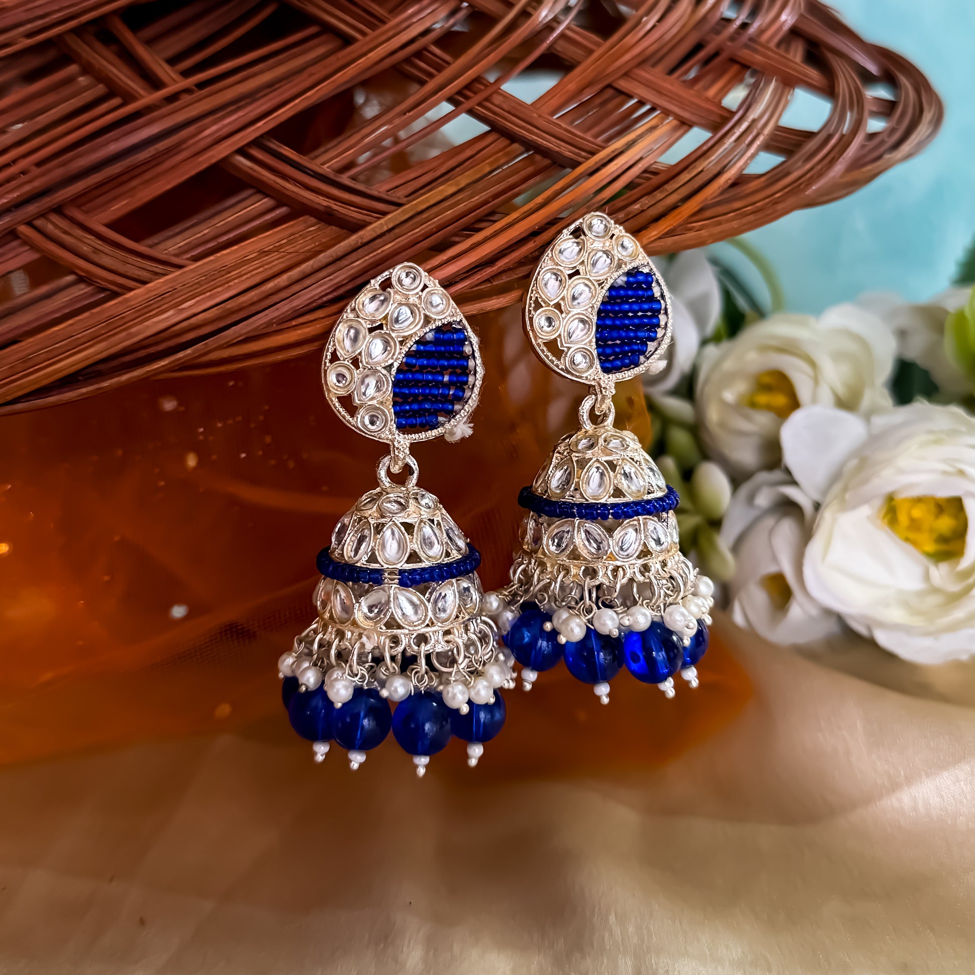 Yashika Pearl Jhumka Earrings- Blue