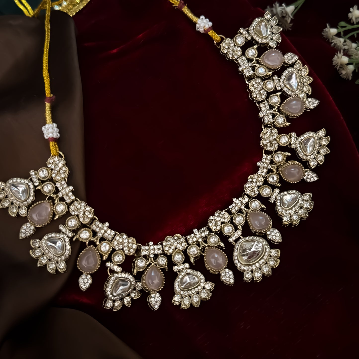 Jehana Premium Polki Lookalike Necklace Set - Pastel Pink