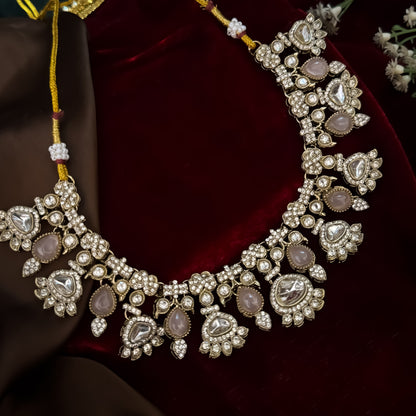 Jehana Premium Polki Lookalike Necklace Set - Pastel Pink