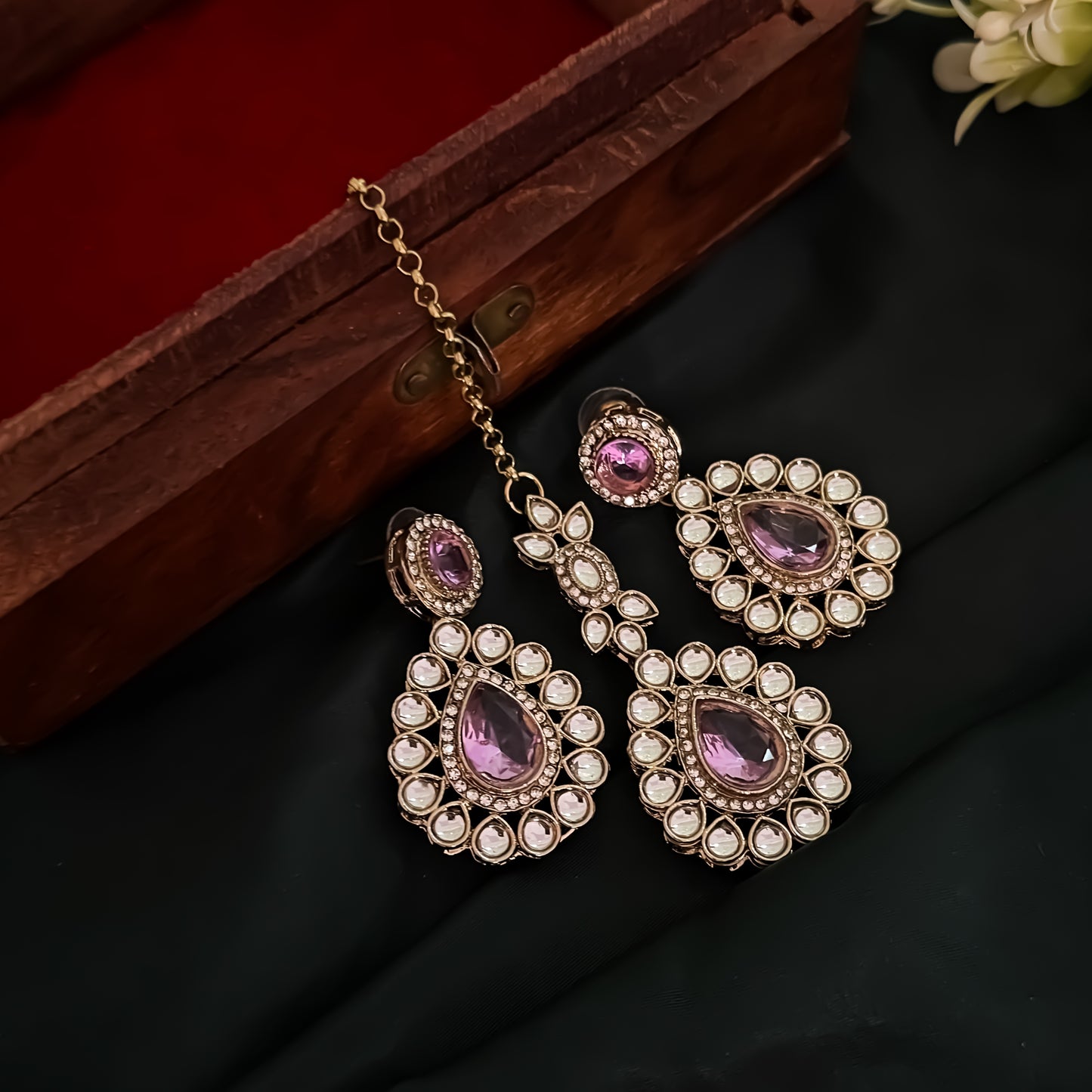 Israt Kundan Necklace Set - Lavender