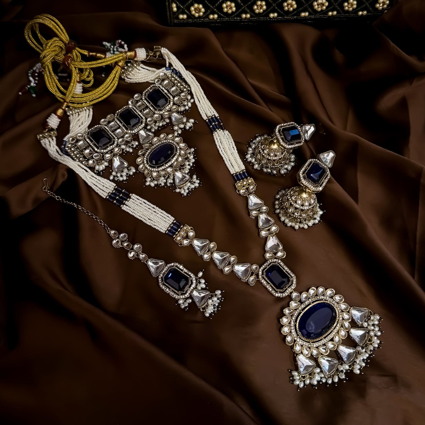 Israni Premium Kundan Long & Short Necklace Set - Royal Blue