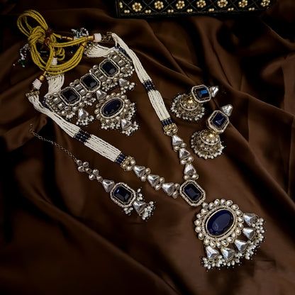 Israni Premium Kundan Long & Short Necklace Set - Royal Blue