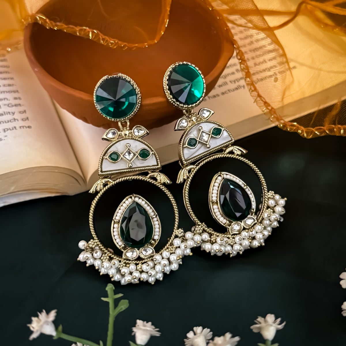 Emerald Green Nishi Kundan Ganthan Chandbali Earrings
