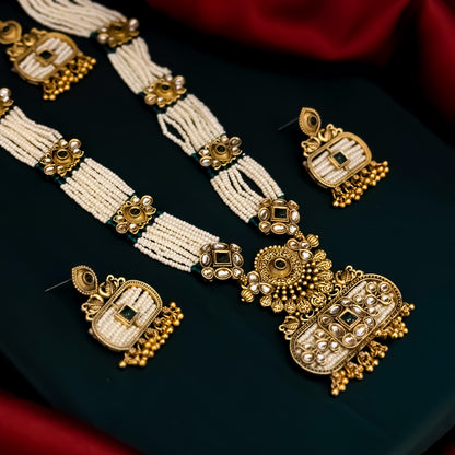 Kinjal Rajwadi Long Necklace Set - Green