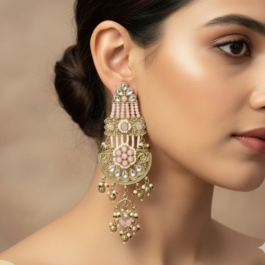 Raaj Rani Fusion Chandbali Earrings - Baby Pink