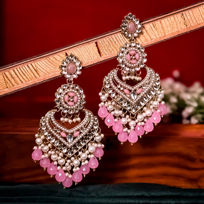 Shaba Jadau Kundan Chandbali Earrings - Baby Pink