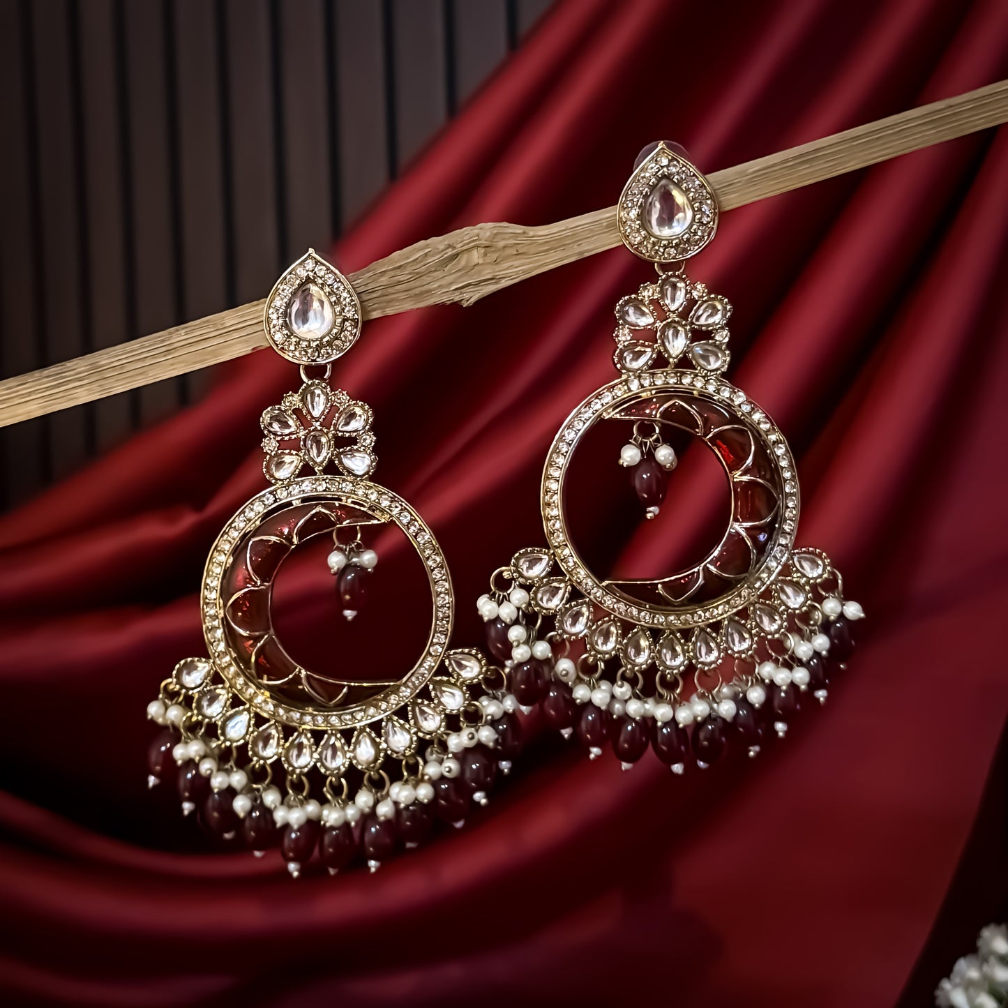 Kunica Kundan Pearl Chandbali Earrings - Maroon