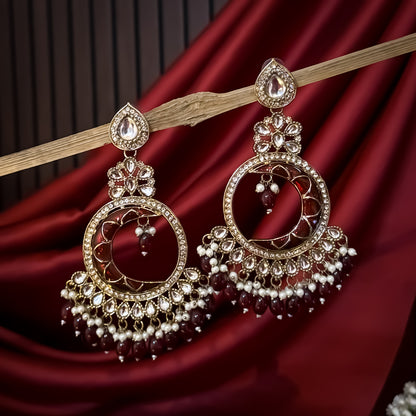 Kunica Kundan Pearl Chandbali Earrings - Maroon
