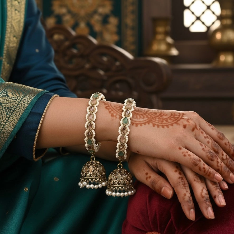 Mehram Premium Reverse AD Kaleere Jhumki Bangles (Set of 2) - Pastel Pink & Pastel Green