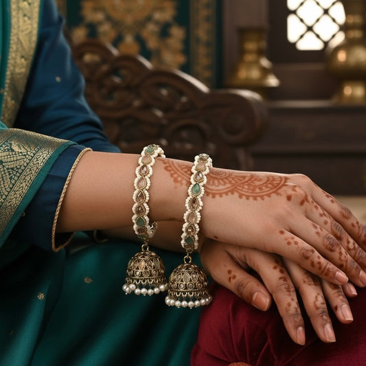 Mehram Premium Reverse AD Kaleere Jhumki Bangles (Set of 2) - Pastel Pink & Pastel Green