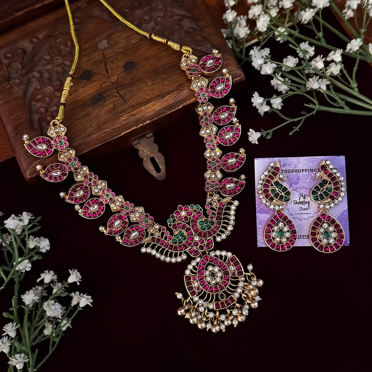 Pink & Green Vriti Temple Necklace Set
