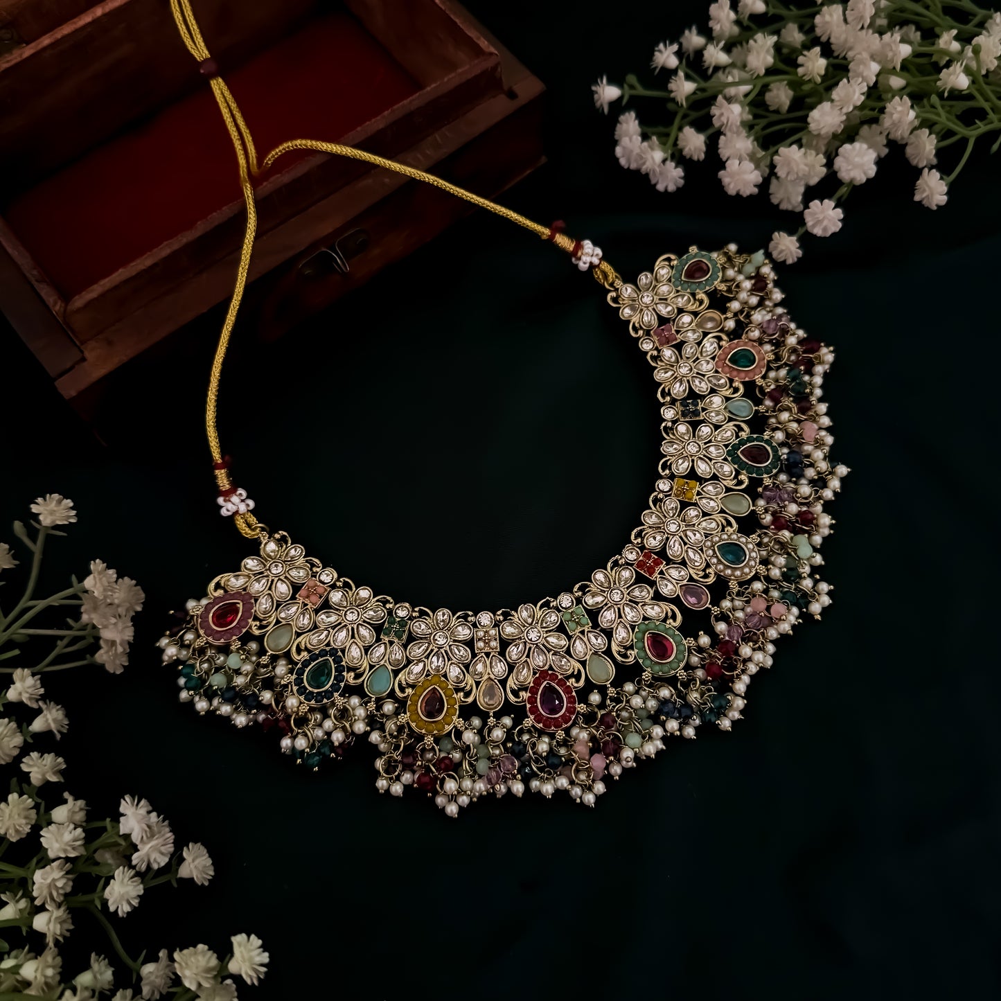 Haniya Jadau Reverse AD Necklace Set - Multi