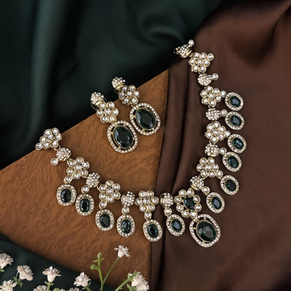 Green Tayani Zircon Kundan Necklace Set with Earrings