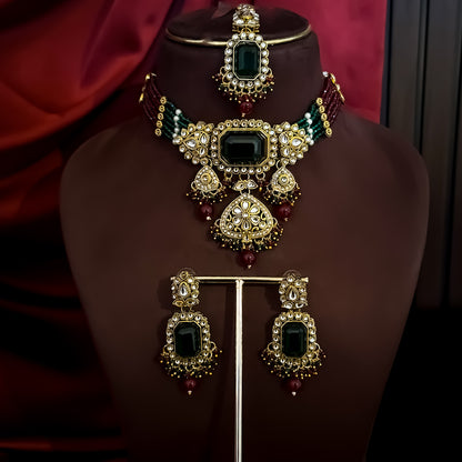 Shriya Kundan Choker Necklace Set - Maroon & Green