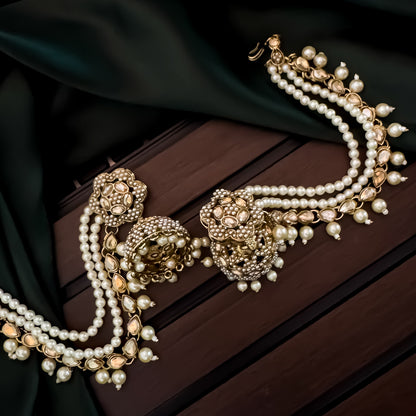 Manika Jadau Jhumka Earrings with Sahara/Earchains - Golden