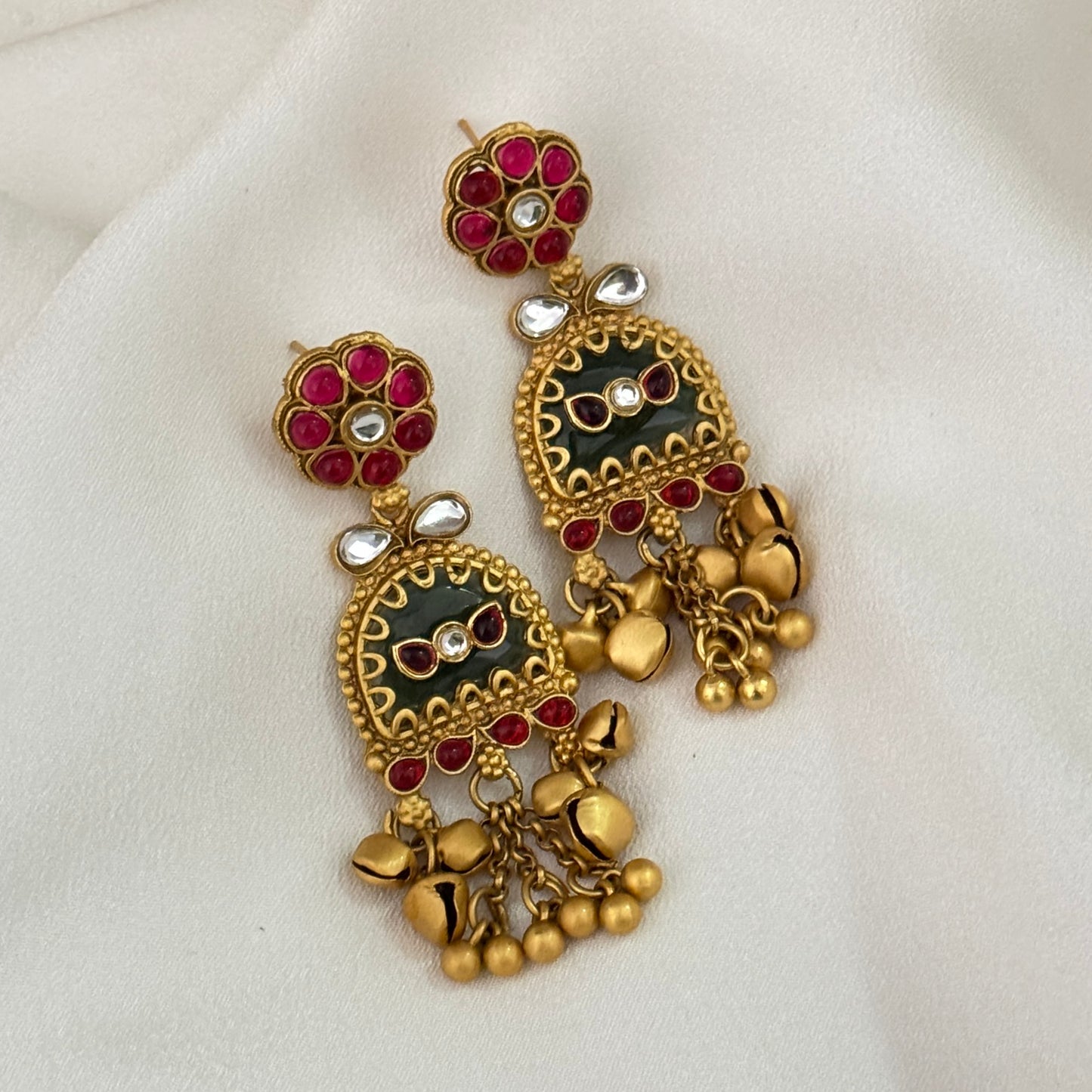 Shrinkhla Fusion Rajwadi Kashmiri Brass Ghungroo Chandbali Earrings - Pink & Green