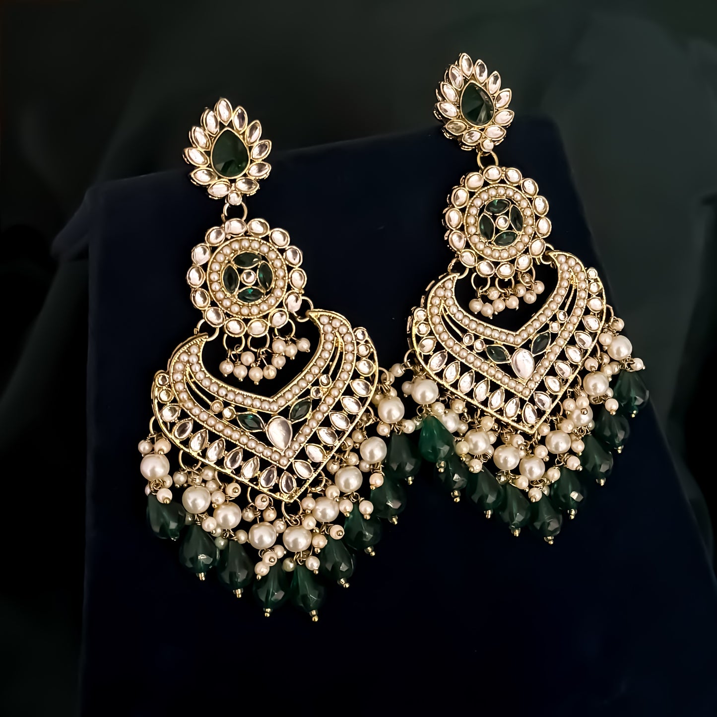 Shaba Jadau Kundan Chandbali Earrings - Green