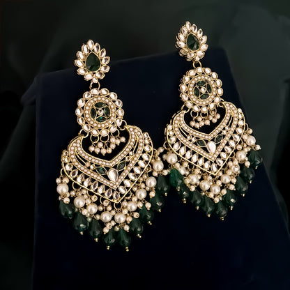Shaba Jadau Kundan Chandbali Earrings - Green