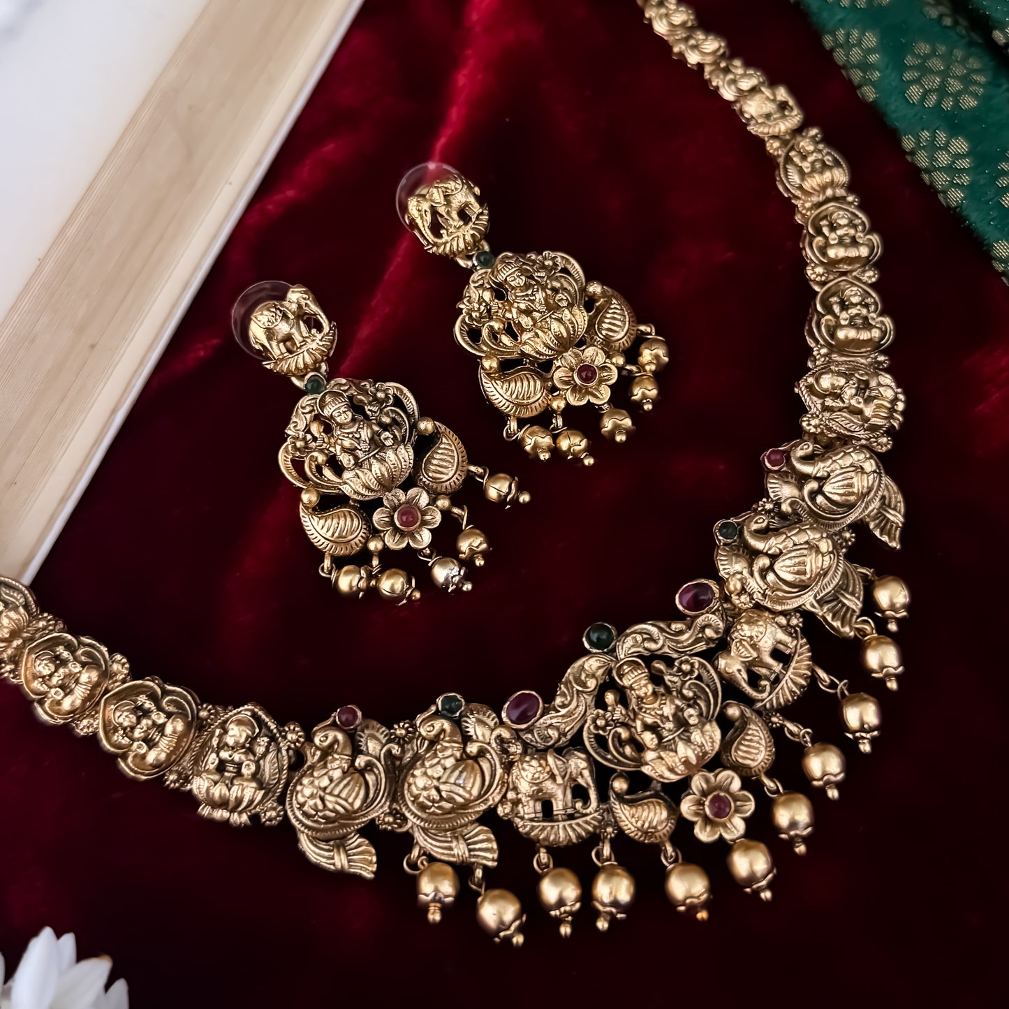 Devika Lakshmi Temple Necklace Set - Pink & Green