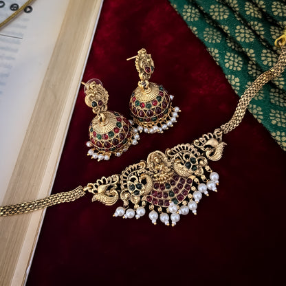 Lekha Peacock Lakshmi Temple Choker Necklace Set - Pink & Green