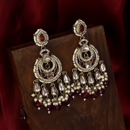 Athiya Kundan Pearl Premium Chandbali Earrings - Wine
