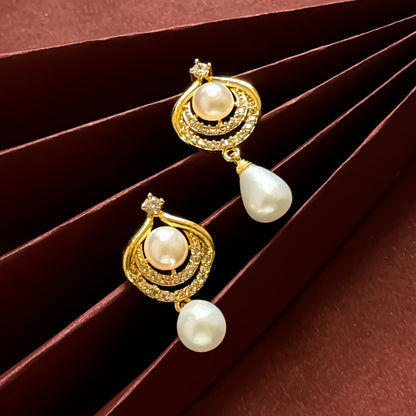 Alice American Diamond Pearl Drop Golden Stud Earrings