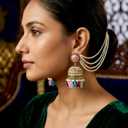 Traditional antique gold reverse american diamond bridal earrings featuring colorful gemstones with cascading teardrop drops and pearl sahara support chains