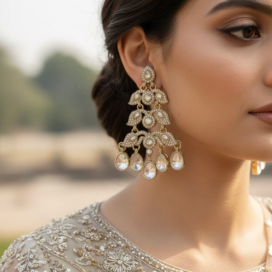 Raiza Jadau Kundan Premium Chandbali Earrings - Golden