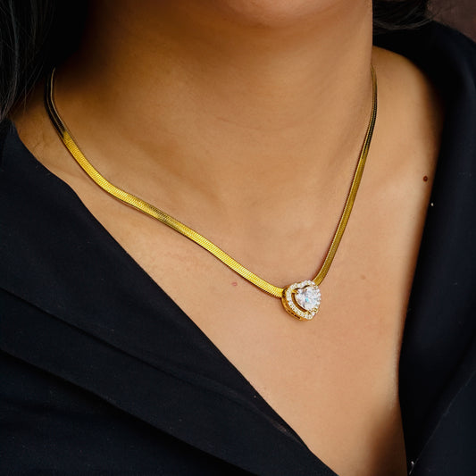 Elira 18K Gold Plated(Anti-Tarnish) Snake Chain with Heart Gold AD Pendant
