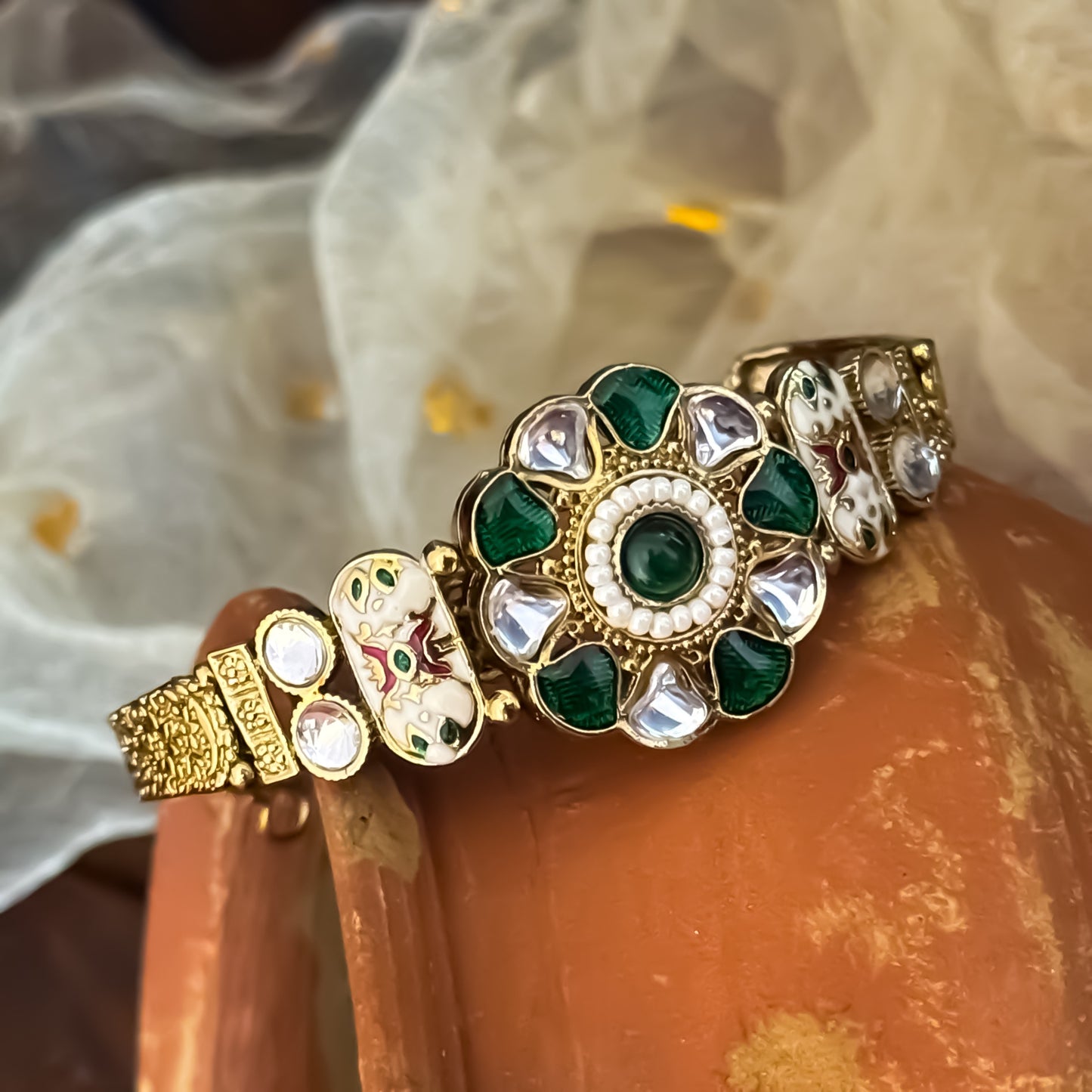 Green Farukh Kashmiri Kundan Adjustable Bracelet