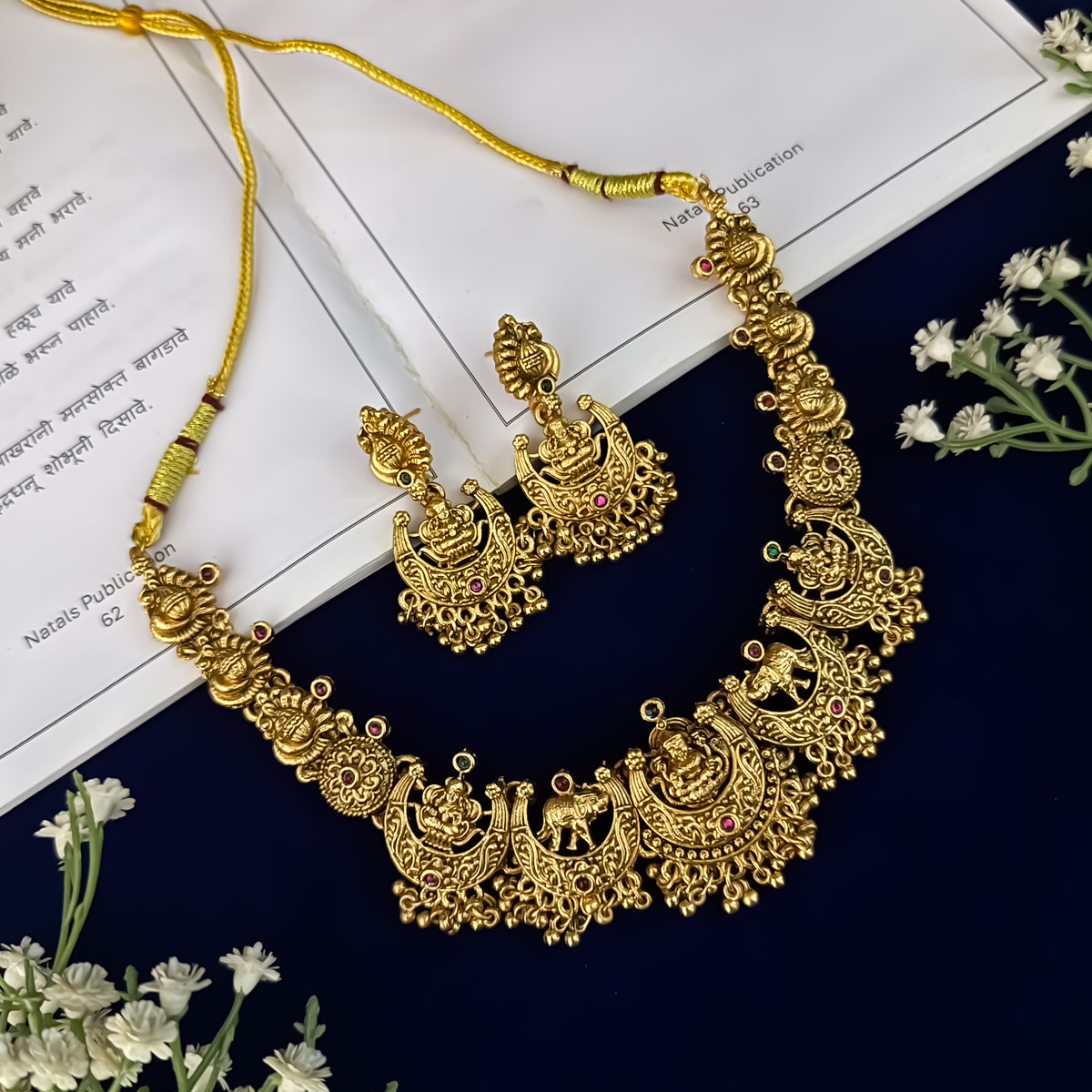 Lakshmi Gajanand Temple Necklace Set - Green & Pink