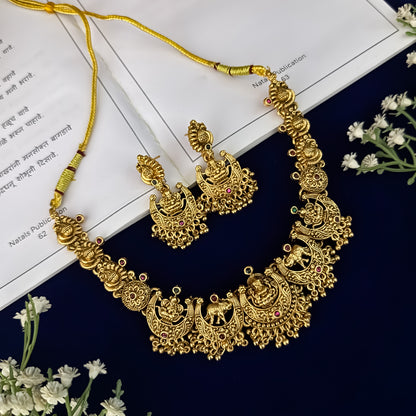 Lakshmi Gajanand Temple Necklace Set - Green & Pink