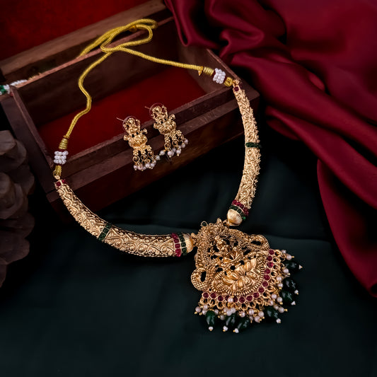 Bhavika Lakshmi Temple Hasli Necklace Set - Ruby & Green