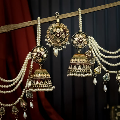 Rani Padmavat Jadau Jhumka Earrings with Sahara & Teeka - Multi