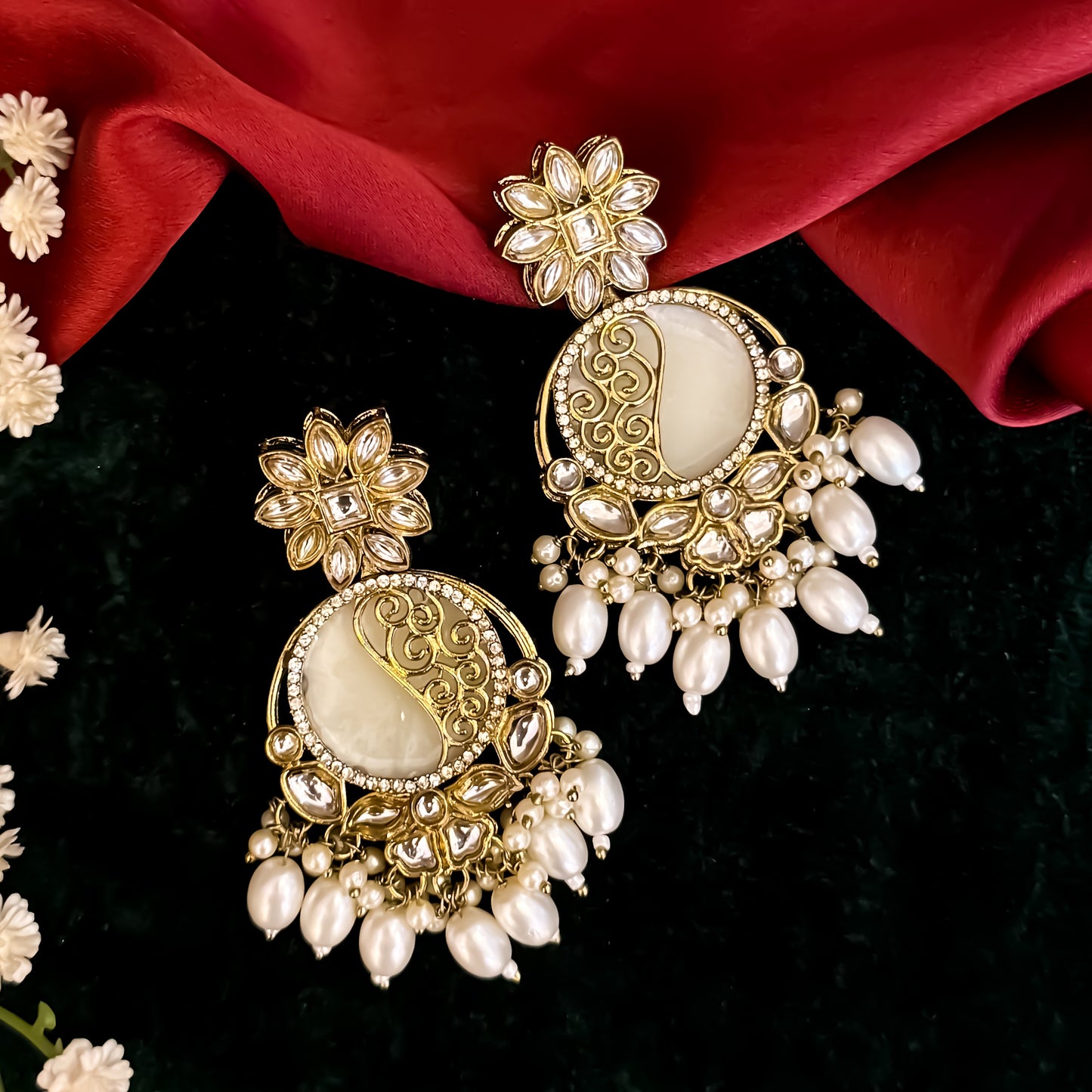 Ishika Premium Cutwork MOP Premium Chandbali Earrings - Golden