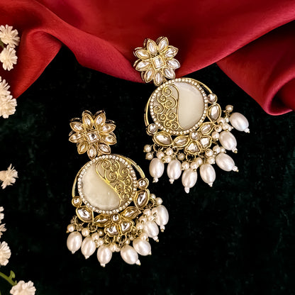 Ishika Premium Cutwork MOP Premium Chandbali Earrings - Golden