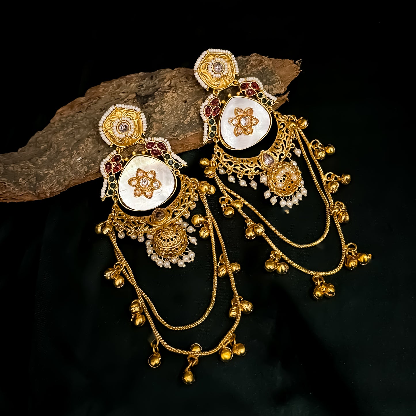 Rajshree Kashmiri Brass Dejhoor Ghungroo Jhumka Earrings - Ivory