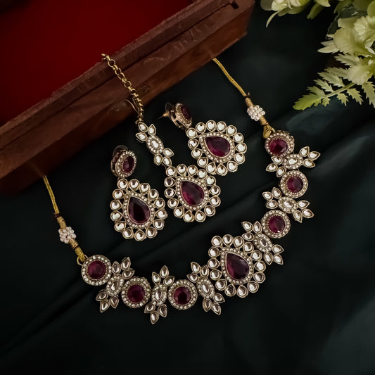 Israt Kundan Necklace Set - Wine