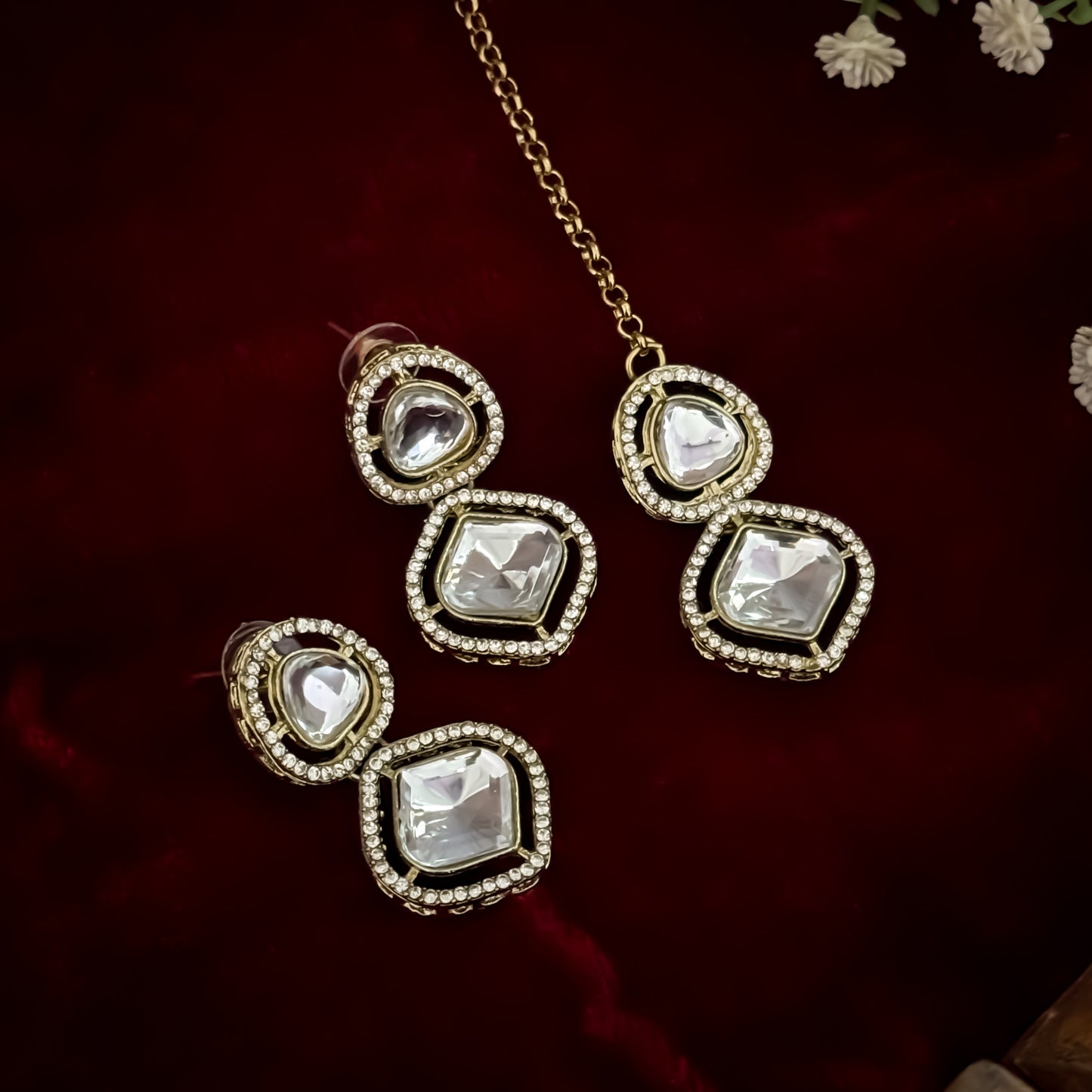 Gulnaj premium double layer golden zircon kundan necklace set featuring clear square and oval stones with micro zircon halos matching earrings and maang tikka