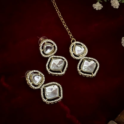 Gulnaj premium double layer golden zircon kundan necklace set featuring clear square and oval stones with micro zircon halos matching earrings and maang tikka