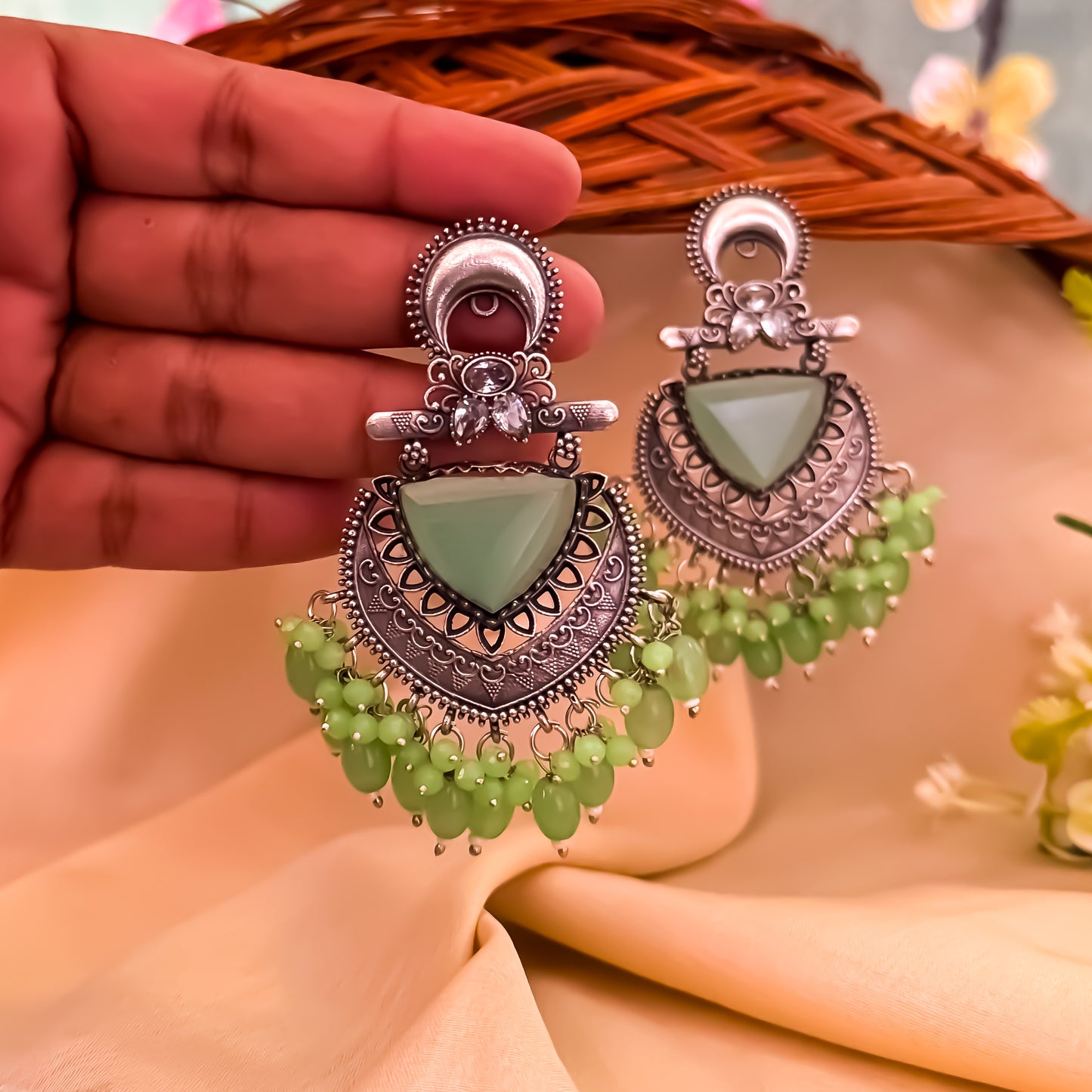 Monalisa Premium Brass Chabdbali Earrings - Mint Green