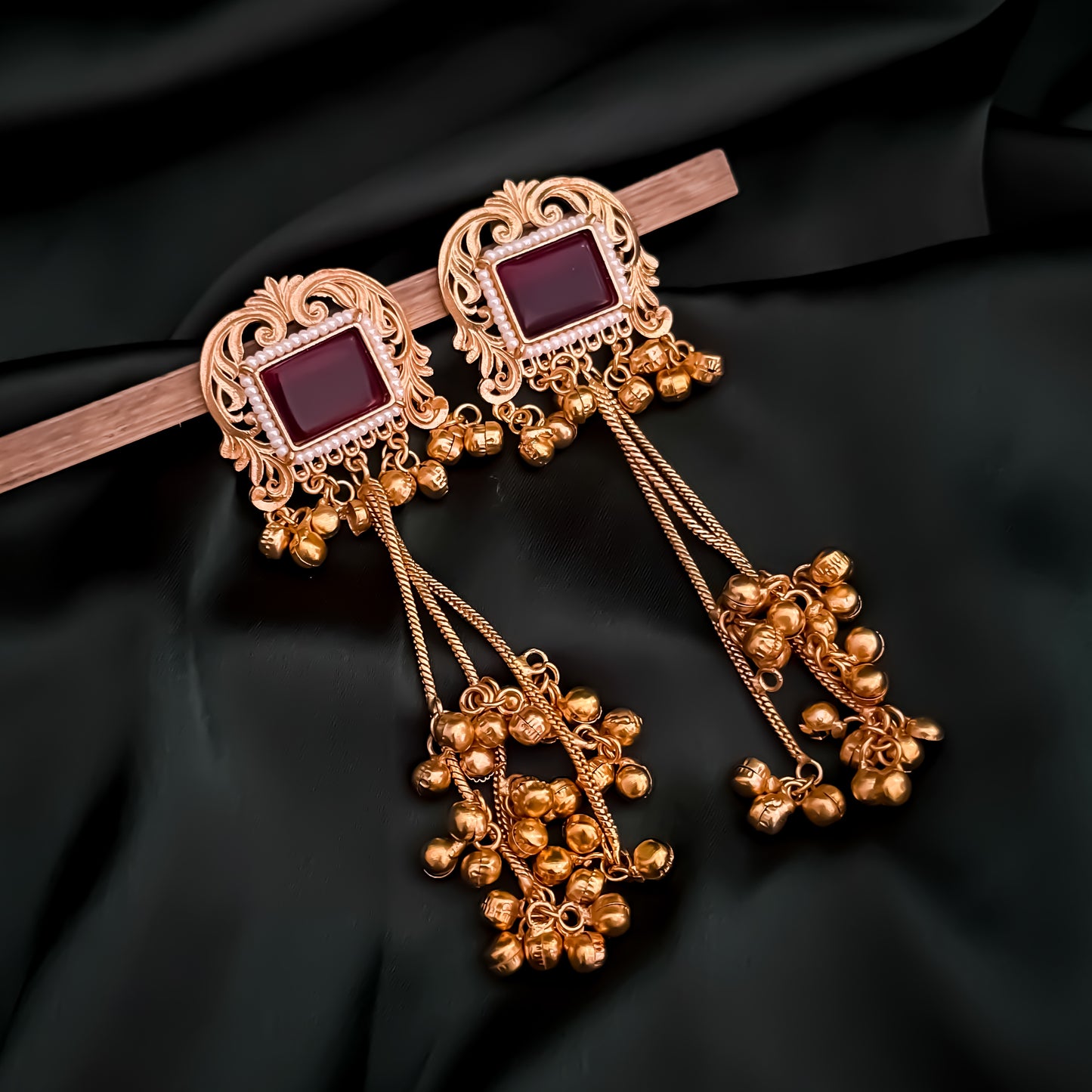 Kuntala Premium Kashmiri Brass Dejhoor Ghungroo Earrings - Golden & Maroon