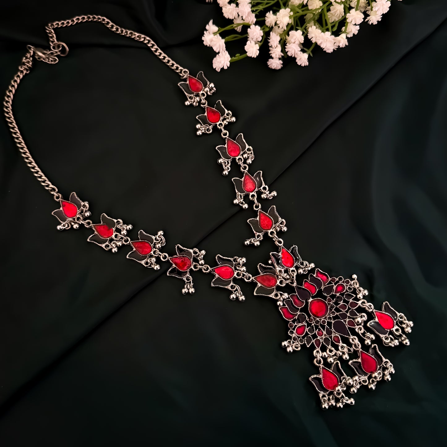 Lotus Afghani Long Necklace with Earrings (Black & Red)