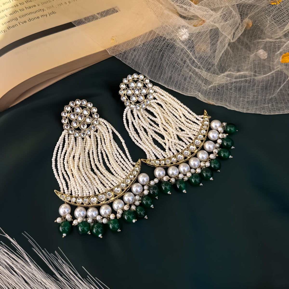 Green Nikhat Kundan Pearl Chandbali Earrings