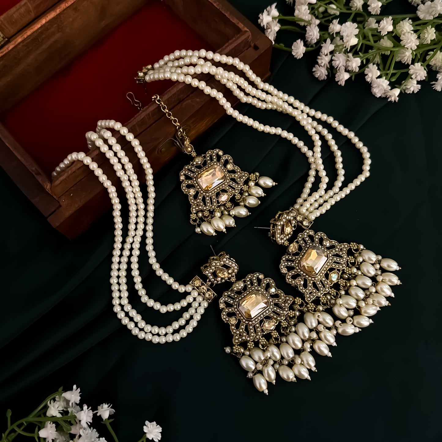 Jodha Jadau Reverse AD Necklace Set with Sahara Earrings & Teeka - Golden