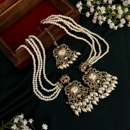 Jodha Jadau Reverse AD Necklace Set with Sahara Earrings & Teeka - Golden