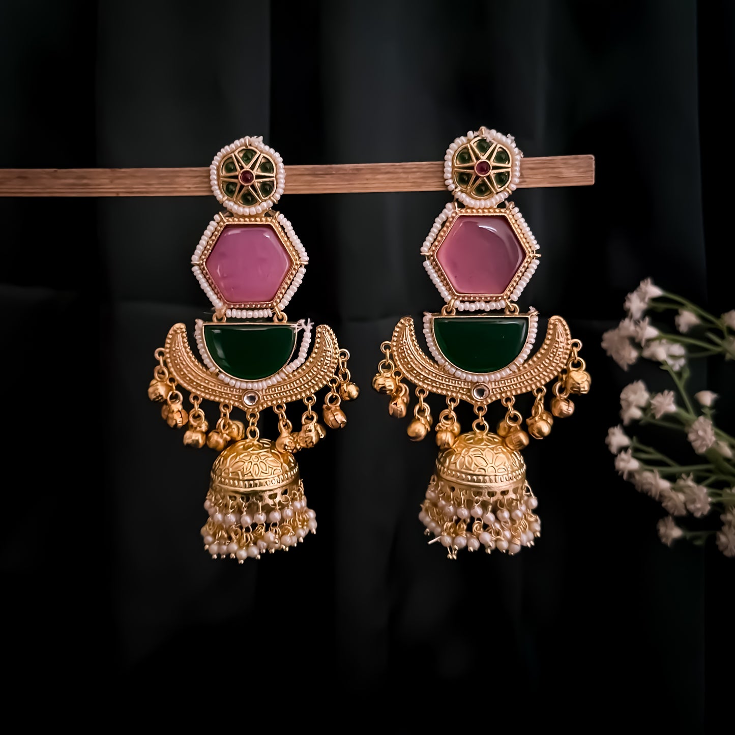 Kaviri Premium Kashmiri Brass Jhumka Ghungroo Earrings - Dark Green & Pink